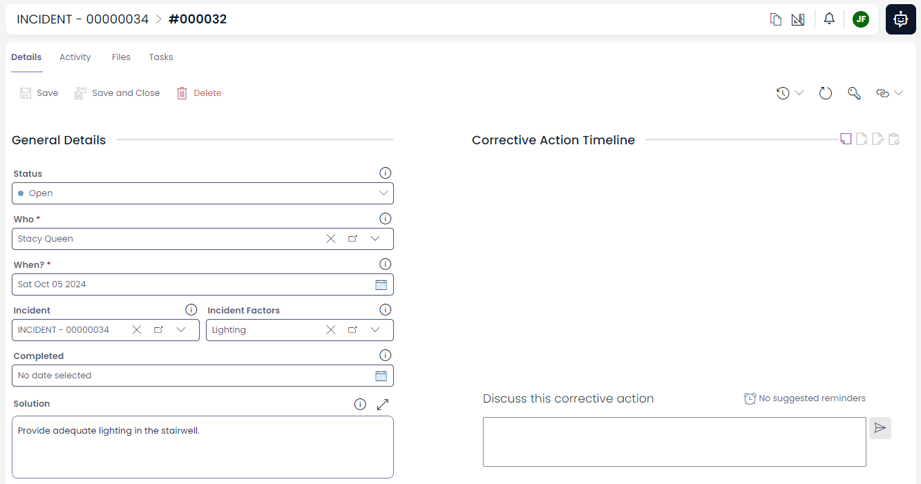 A screenshot depicting the appearance of the Corrective Action item page. The fields that are present on this page are detailed in the table below.